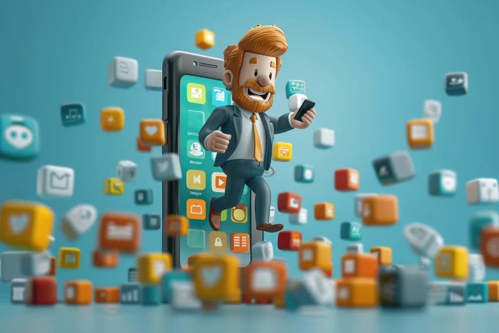 A cheerful 3D businessman emerging from a smartphone, surrounded by floating app icons, symbolizing mobile marketing, digital engagement, and affiliate opportunities.