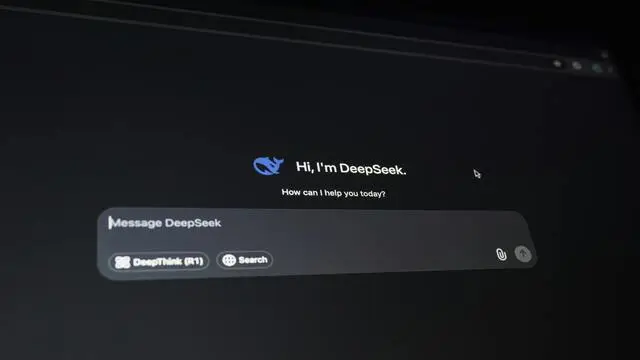 A computer screen displaying the DeepSeek AI chatbot interface with a dark-themed design, featuring a welcome message and a text input field.