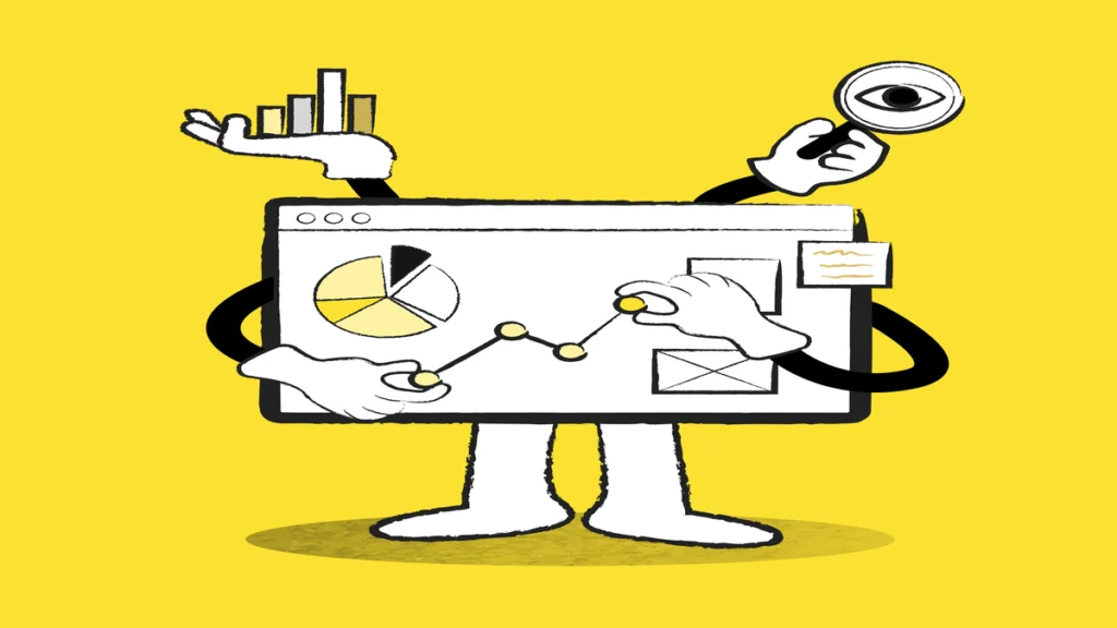 Illustration of a digital analytics dashboard with multiple hands manipulating data charts, graphs, and a magnifying glass, representing programmatic advertising and data-driven marketing.