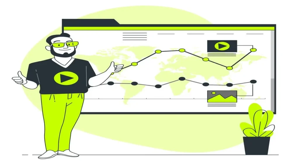 Illustration of a marketer presenting digital advertising analytics, with a global map, data points, and media performance charts in the background.