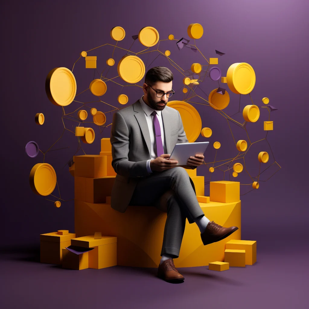 A businessman in a stylish suit using a tablet, surrounded by floating golden coins and digital network connections, symbolizing affiliate marketing and online earnings.