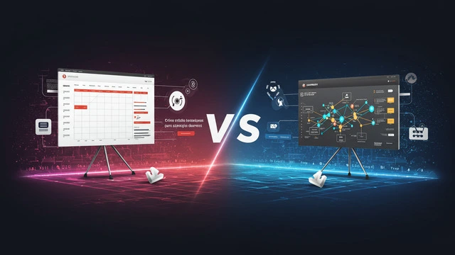Comparison between two digital marketing tools, featuring a red-themed analytics dashboard on the left and a blue-themed data visualization interface on the right, with a 'VS' in the center.