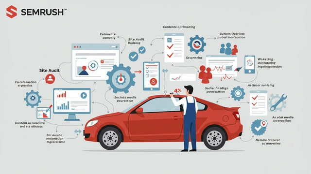 Semrush site audit and content optimization dashboard with tools for improving website performance and social media strategies.