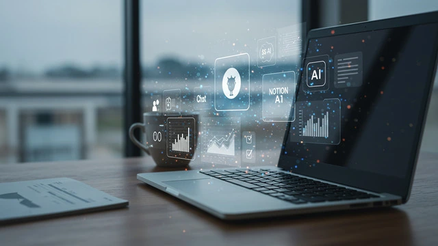 Laptop displaying AI productivity tools like Notion AI and ChatGPT with futuristic holographic interface and digital charts