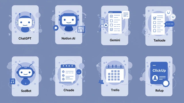 Illustration of eight free AI productivity tools including ChatGPT, Notion AI, Gemini, Taskade, Trello, ClickUp, SodBot, and Creade with icons and names