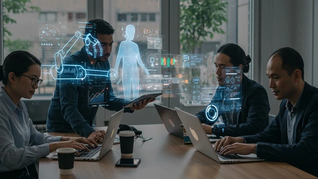 Team of professionals working on laptops with holographic AI interfaces, robotic automation, and data analytics in a modern office setting